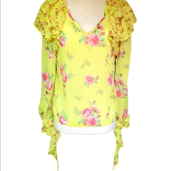 MISS SELFRIDGE LONDON YELLOW FLORAL TOP RUFFLES FLOUNCES CHIC SIZE SM like new - Picture 5 of 9